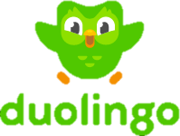 A green cartoon owl flying over the word duolingo