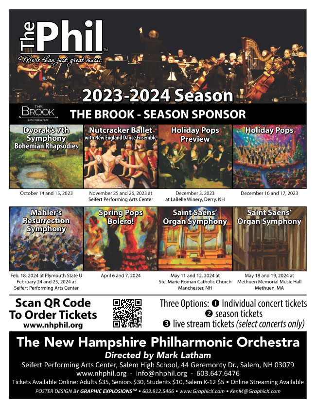 Poster listing the concert dates for the New Hampshire Philharmonic. This information is also available on their website, linked above.